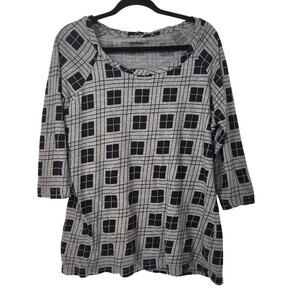 Norma Kamali Gray Scooped Neck Organic Cotton 3/4 Sleeve Plaid Tee Women 2XL